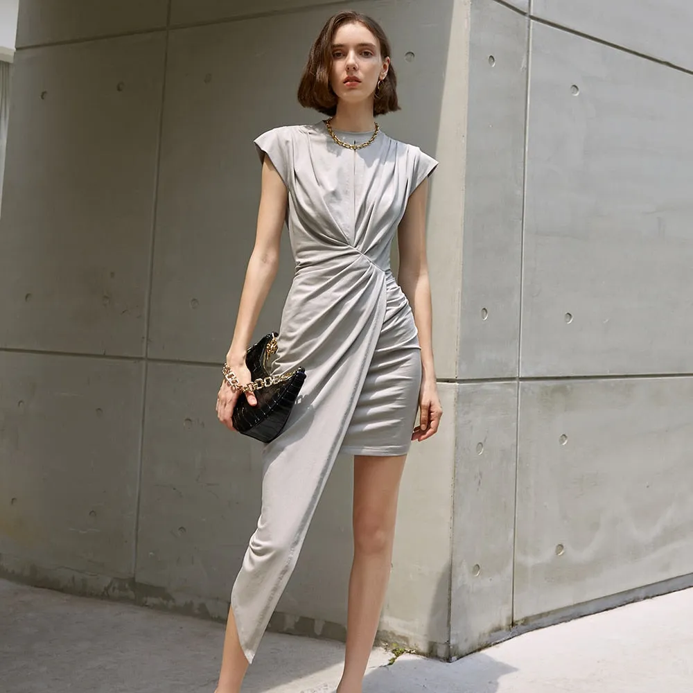 Minimalist Dresses For Women Round Neck Sleeveless High Waist Folds Asymmetrical Mini Dress Female Fashion Clothing