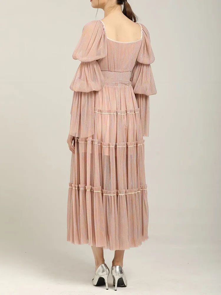 Minimalist Dresses For Women Square Collar Long Sleeve High Waist Folds Temperament Dress Female Fashion Style
