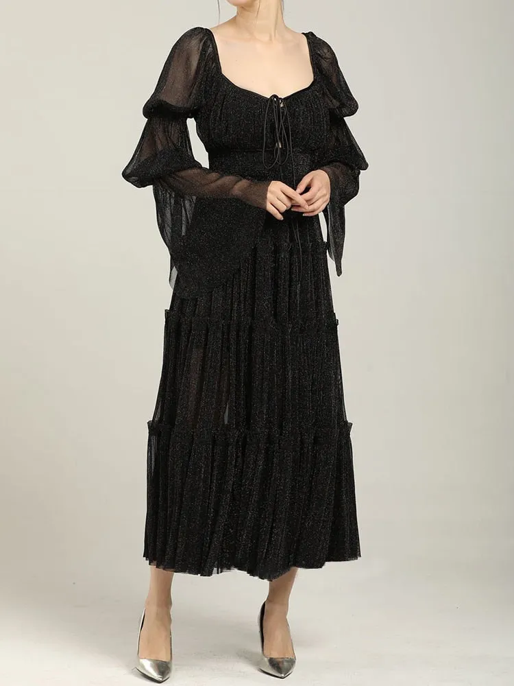 Minimalist Dresses For Women Square Collar Long Sleeve High Waist Folds Temperament Dress Female Fashion Style