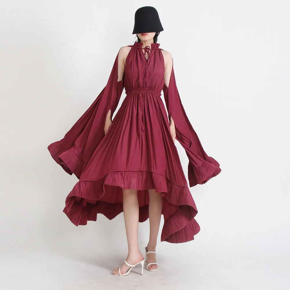 Minimalist Dresses For Women V Neck Cloak Sleeve High Waist Irregular Summer Dress Female Fashion Style Clothing