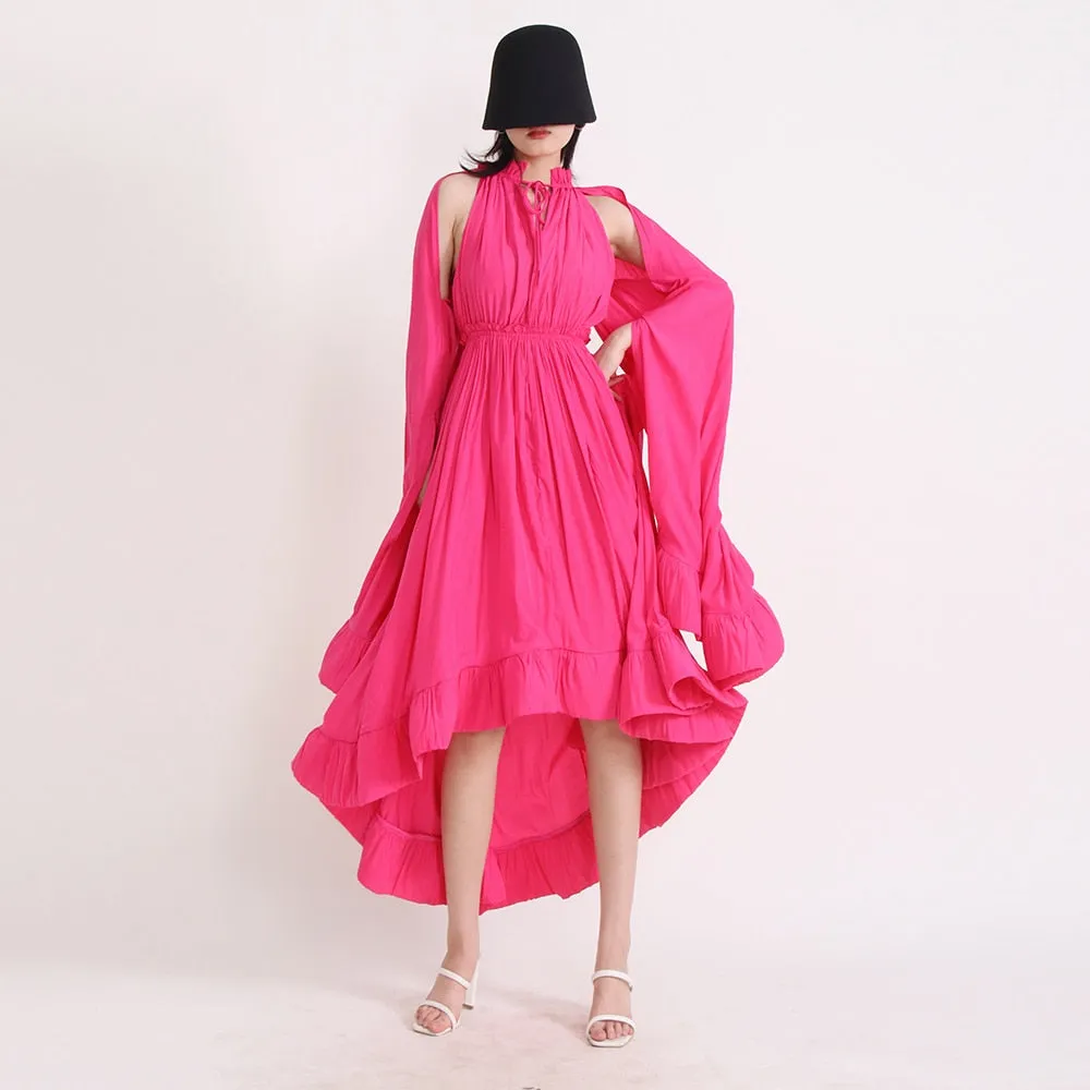 Minimalist Dresses For Women V Neck Cloak Sleeve High Waist Irregular Summer Dress Female Fashion Style Clothing