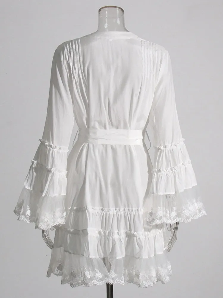 Minimalist Dresses For Women V Neck Flare Sleeve High Waist Folds Lace Summer Dress Female Fashion Style Clothing