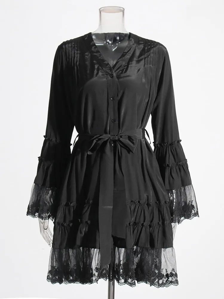 Minimalist Dresses For Women V Neck Flare Sleeve High Waist Folds Lace Summer Dress Female Fashion Style Clothing