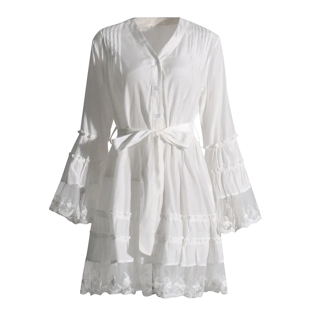 Minimalist Dresses For Women V Neck Flare Sleeve High Waist Folds Lace Summer Dress Female Fashion Style Clothing