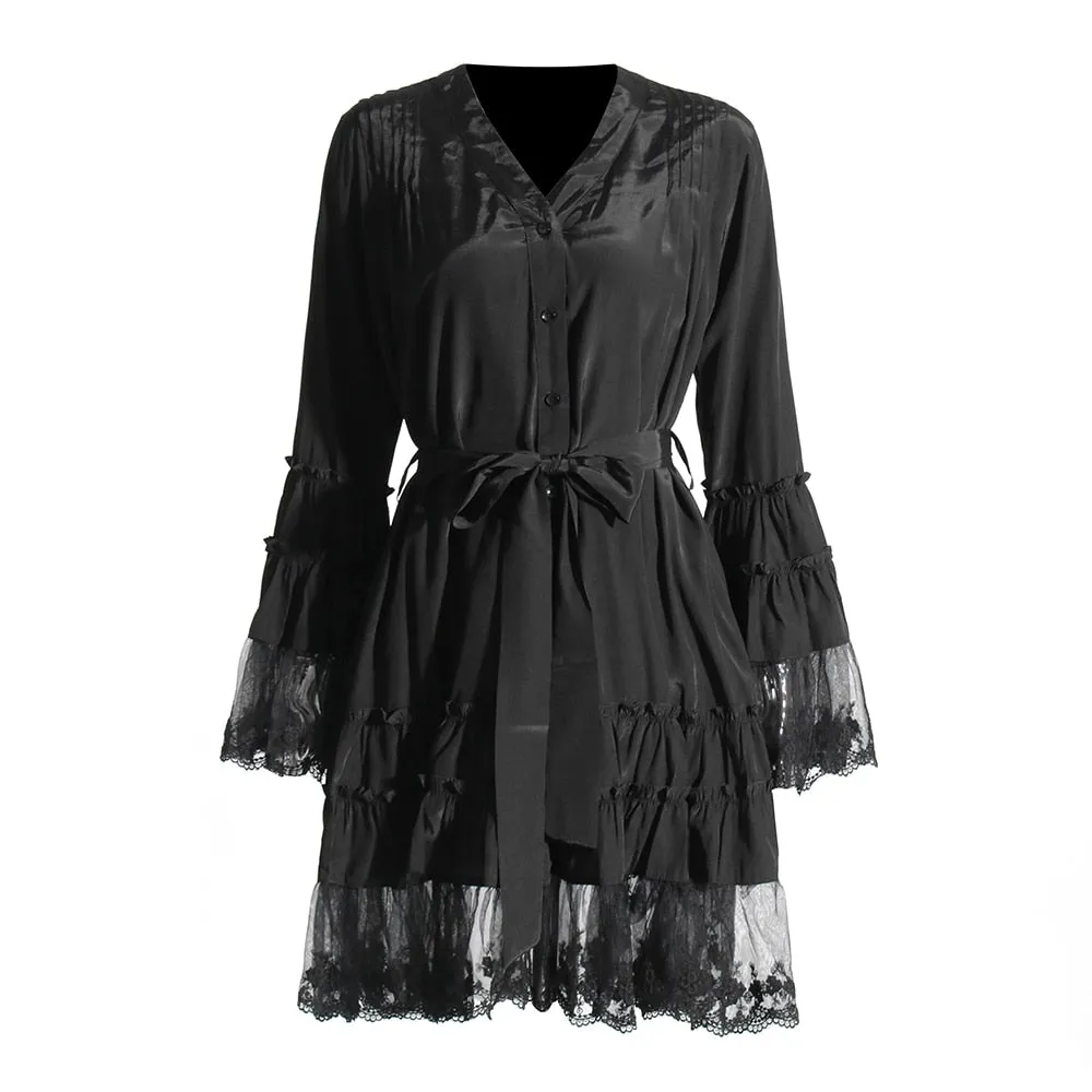 Minimalist Dresses For Women V Neck Flare Sleeve High Waist Folds Lace Summer Dress Female Fashion Style Clothing