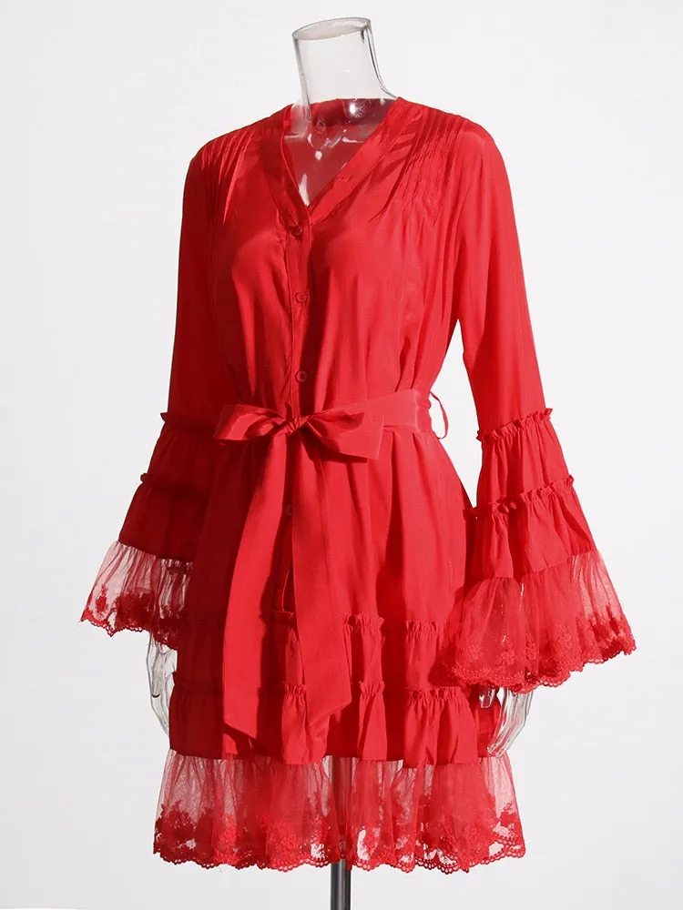Minimalist Dresses For Women V Neck Flare Sleeve High Waist Folds Lace Summer Dress Female Fashion Style Clothing
