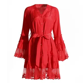 Minimalist Dresses For Women V Neck Flare Sleeve High Waist Folds Lace Summer Dress Female Fashion Style Clothing