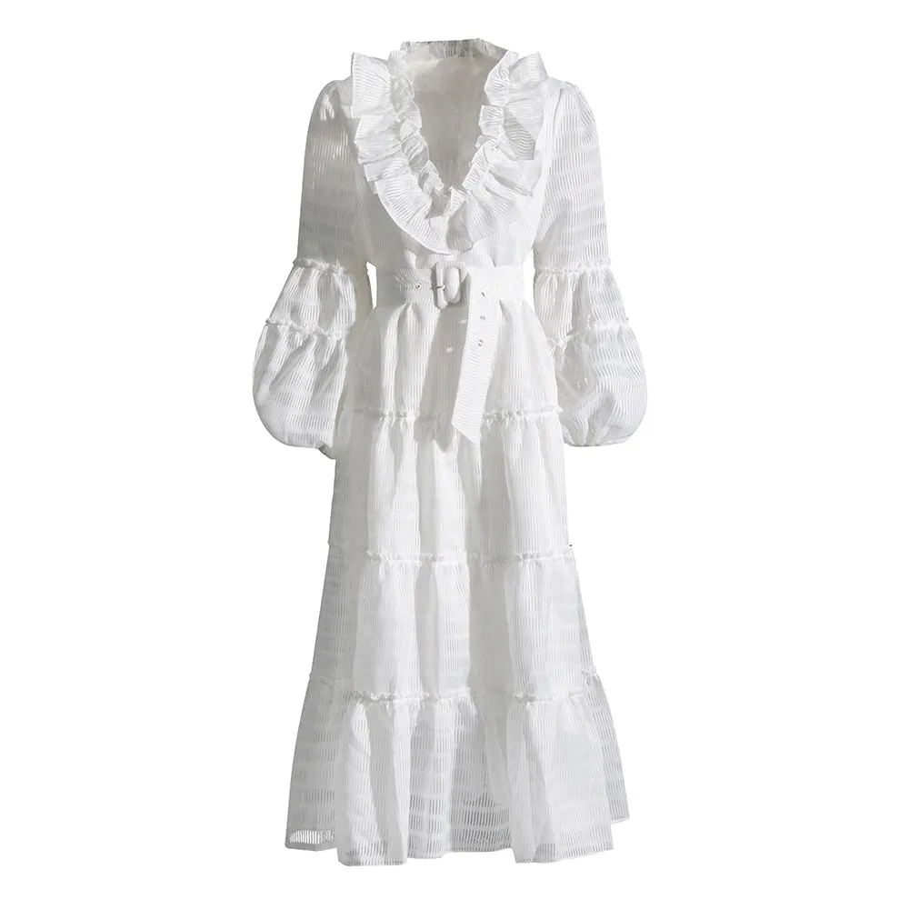 Minimalist Dresses For Women V Neck Long Sleeve High Waist Patchwork Lace Temperament Dress Female Fashion Style