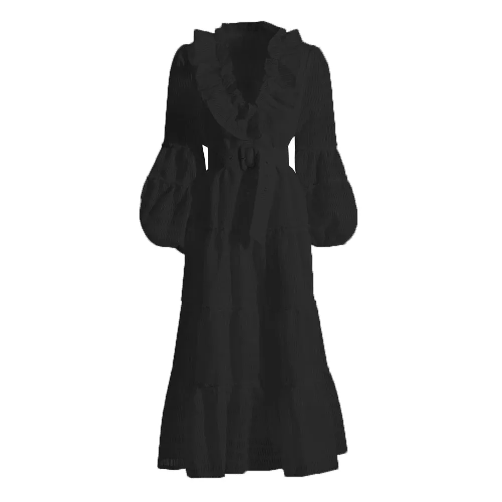 Minimalist Dresses For Women V Neck Long Sleeve High Waist Patchwork Lace Temperament Dress Female Fashion Style