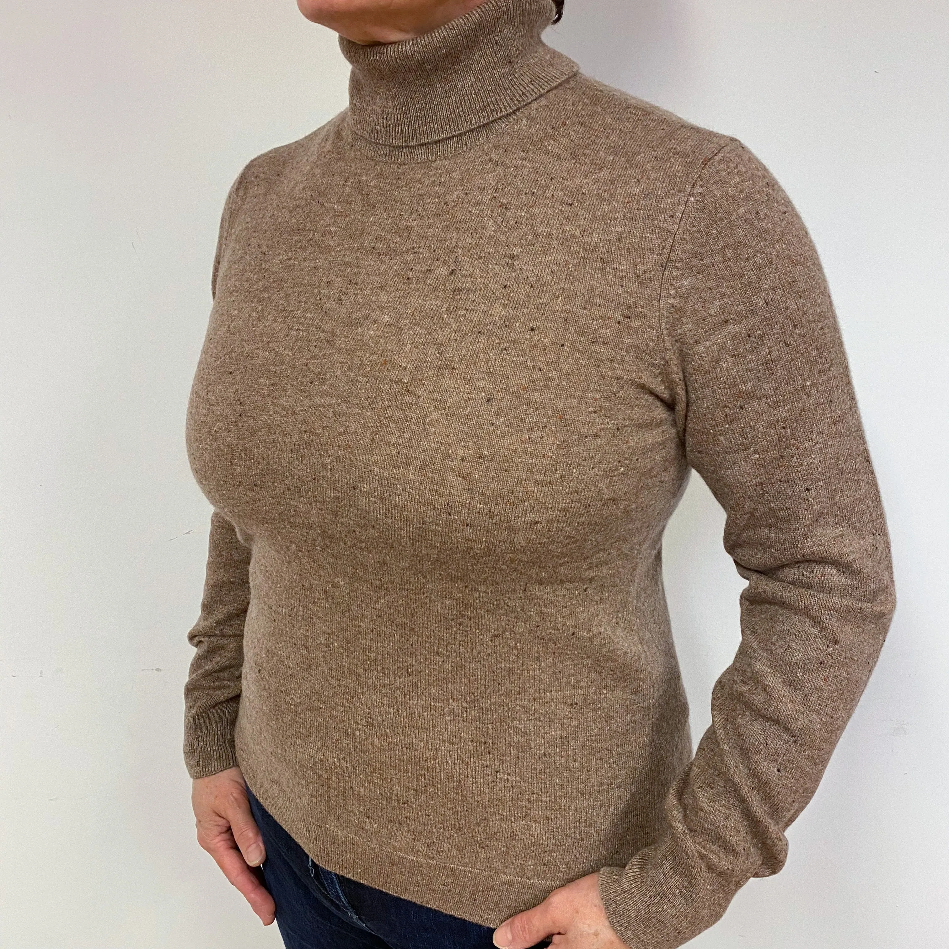 Mocha Brown Marl Cashmere Polo Neck Jumper Large
