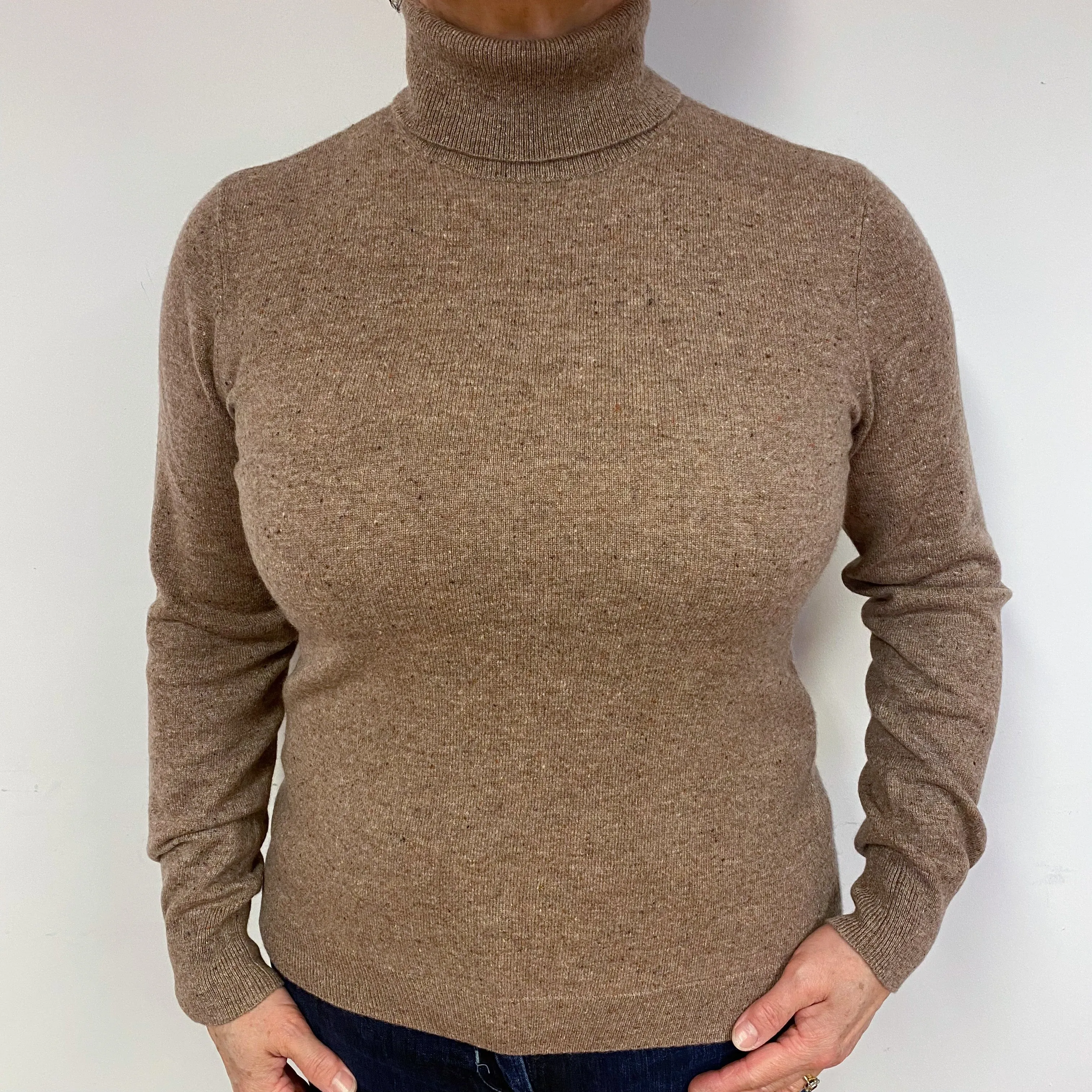 Mocha Brown Marl Cashmere Polo Neck Jumper Large