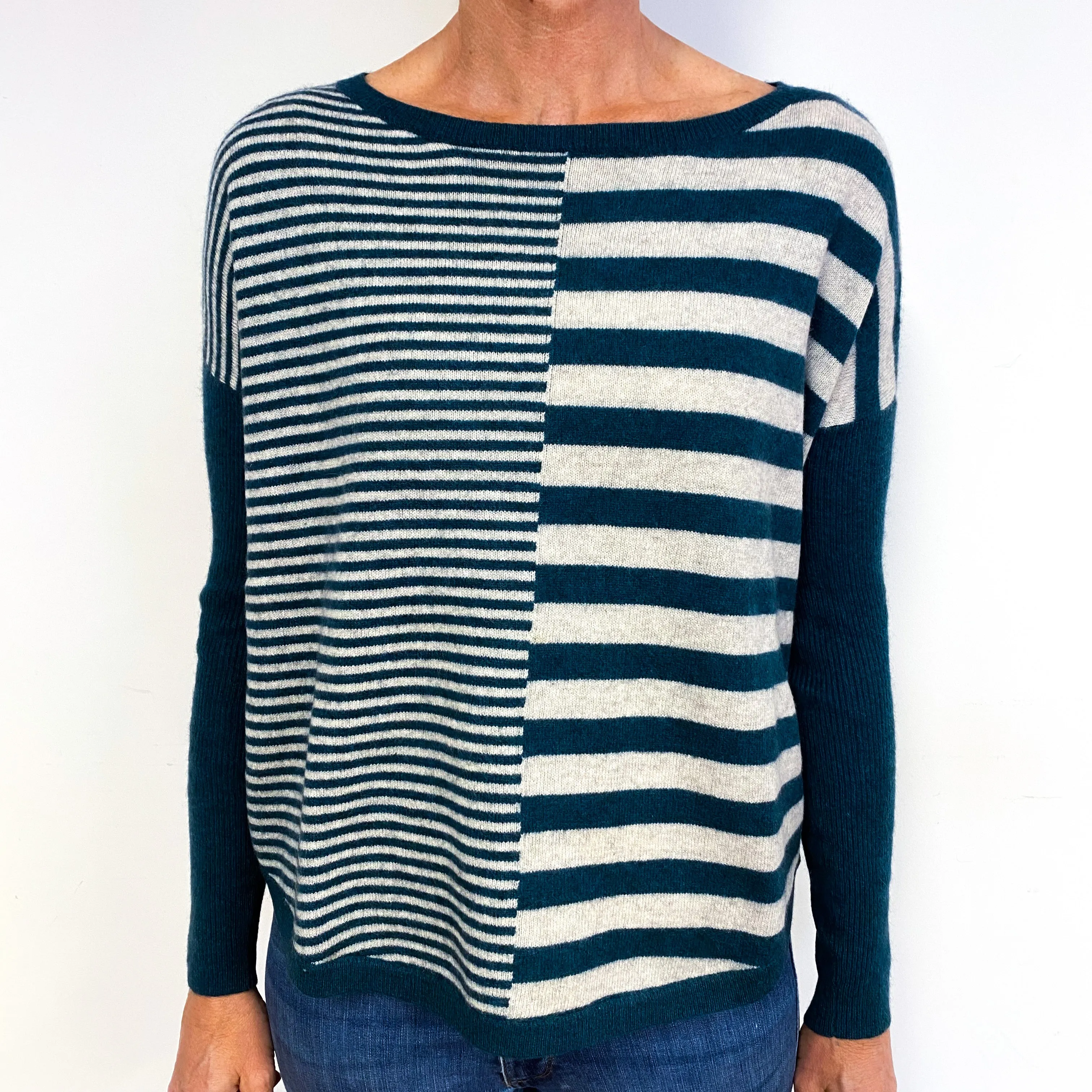 Navy Blue Cream Striped Cashmere Crew Neck Jumper Medium