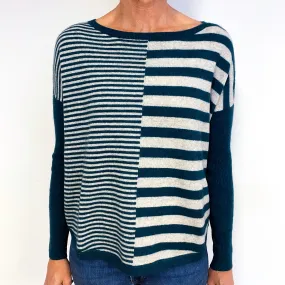 Navy Blue Cream Striped Cashmere Crew Neck Jumper Medium