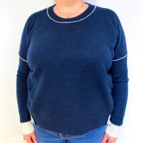 Navy Blue Waffle Cashmere Crew Neck Jumper Extra Large