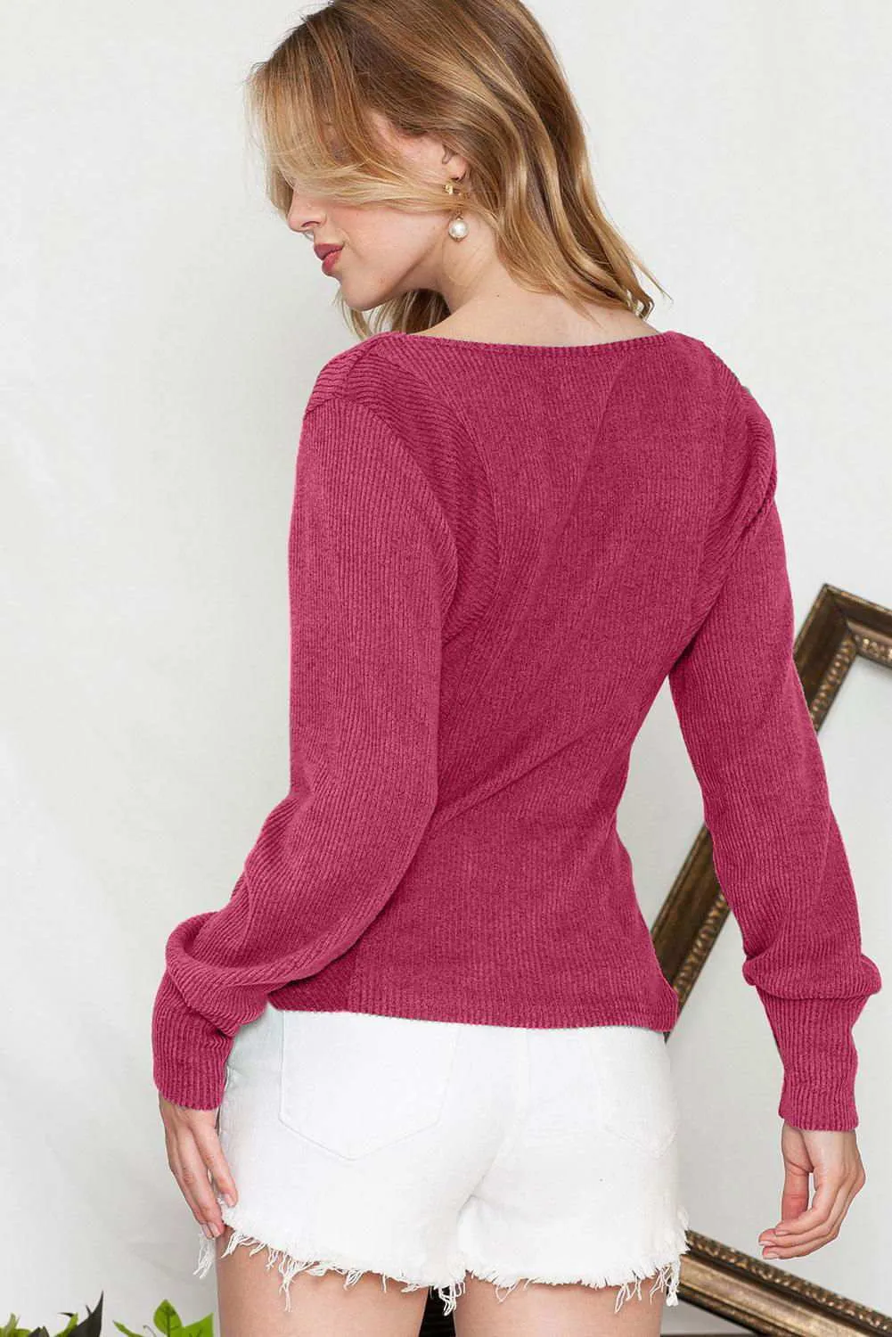 Neck Textured Top - Deep U Neck Stylish Long Sleeve Top