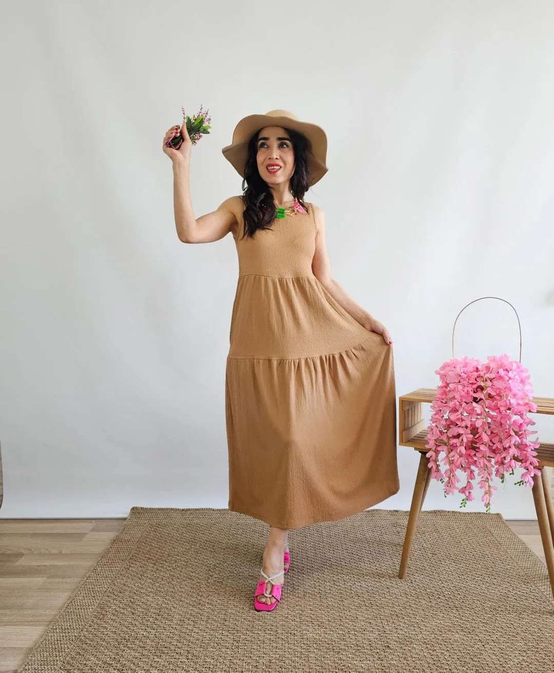 Necklace Wrap Dress-camel