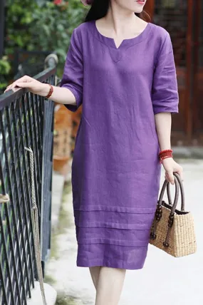 New summer travel linen dress with v neck and mid sleeves CYM467