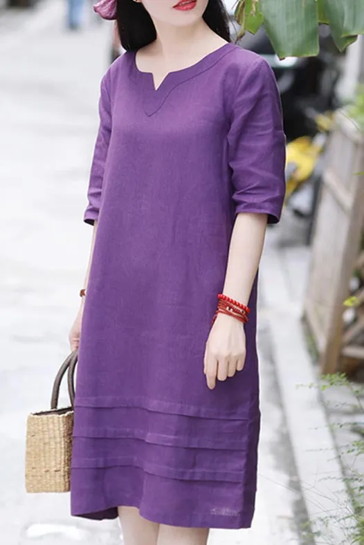 New summer travel linen dress with v neck and mid sleeves CYM467