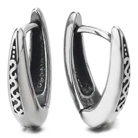 Pair Stainless Steel Mens Womens V-shape Huggie Hinged Hoop Earrings with Tribal Tattoo Pattern