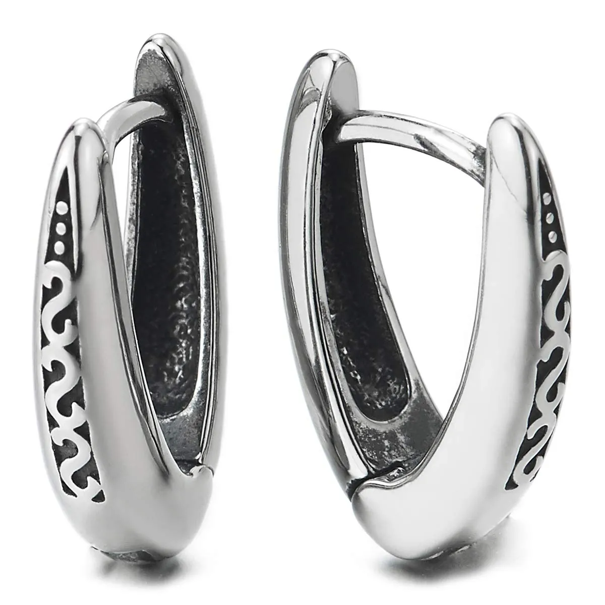 Pair Stainless Steel Mens Womens V-shape Huggie Hinged Hoop Earrings with Tribal Tattoo Pattern
