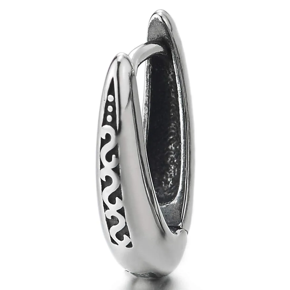 Pair Stainless Steel Mens Womens V-shape Huggie Hinged Hoop Earrings with Tribal Tattoo Pattern