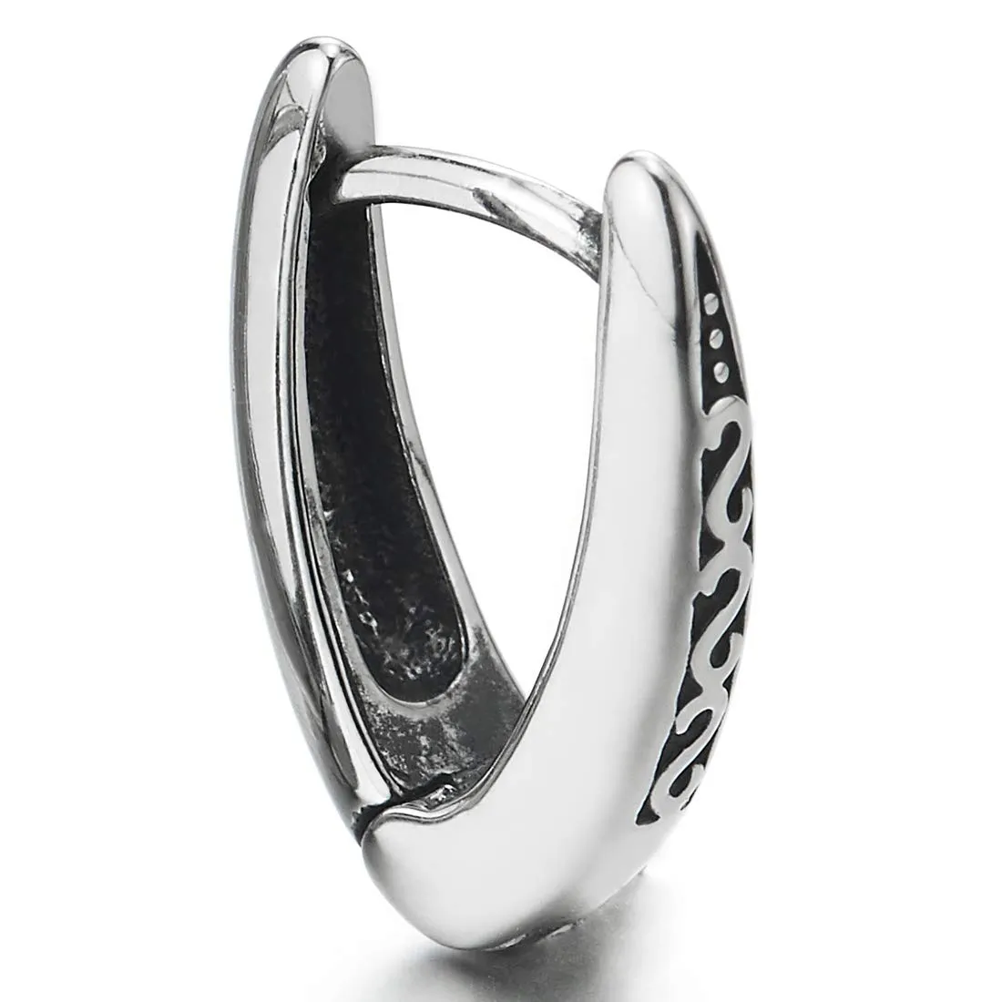 Pair Stainless Steel Mens Womens V-shape Huggie Hinged Hoop Earrings with Tribal Tattoo Pattern