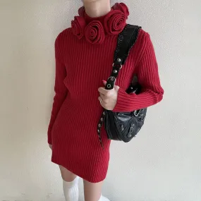 Patchwork Floral Mini Dress For Women Turtleneck Long Sleeve High Waist Knitting Solid Minimalist Dresses Females