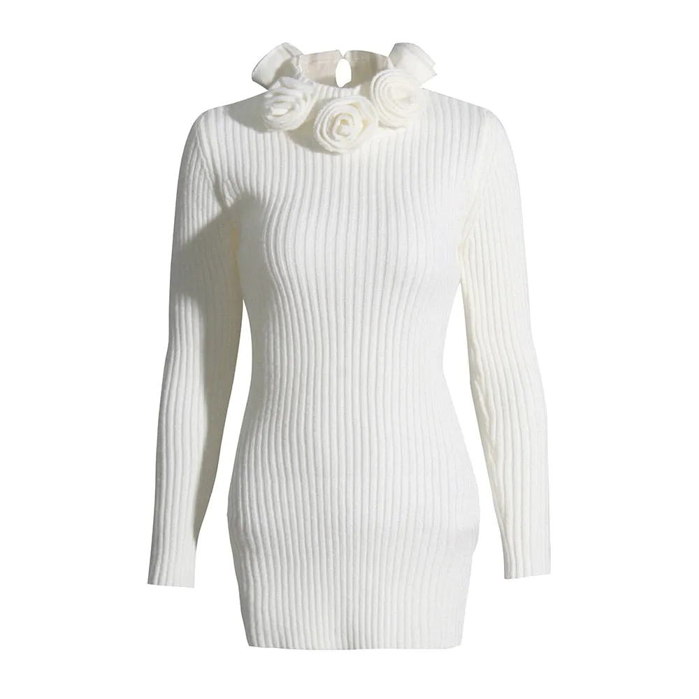 Patchwork Floral Mini Dress For Women Turtleneck Long Sleeve High Waist Knitting Solid Minimalist Dresses Females