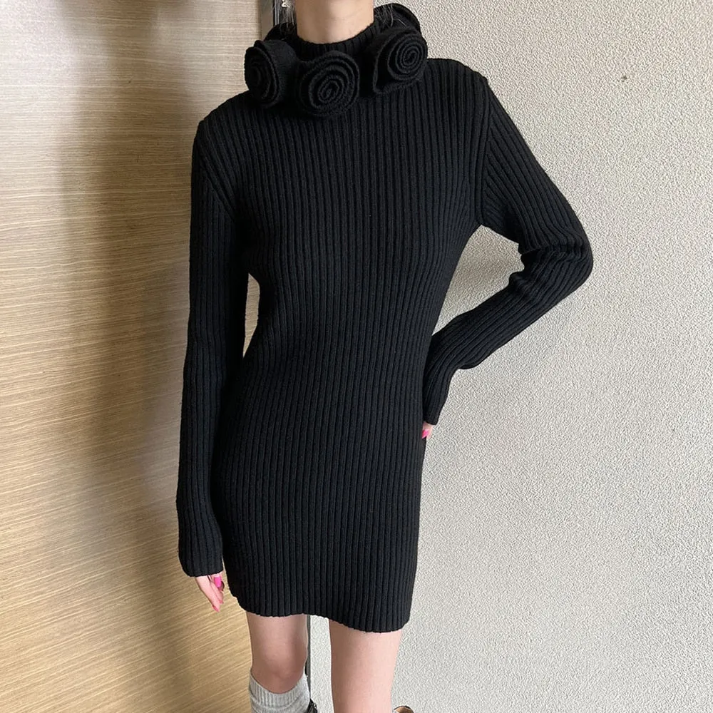 Patchwork Floral Mini Dress For Women Turtleneck Long Sleeve High Waist Knitting Solid Minimalist Dresses Females