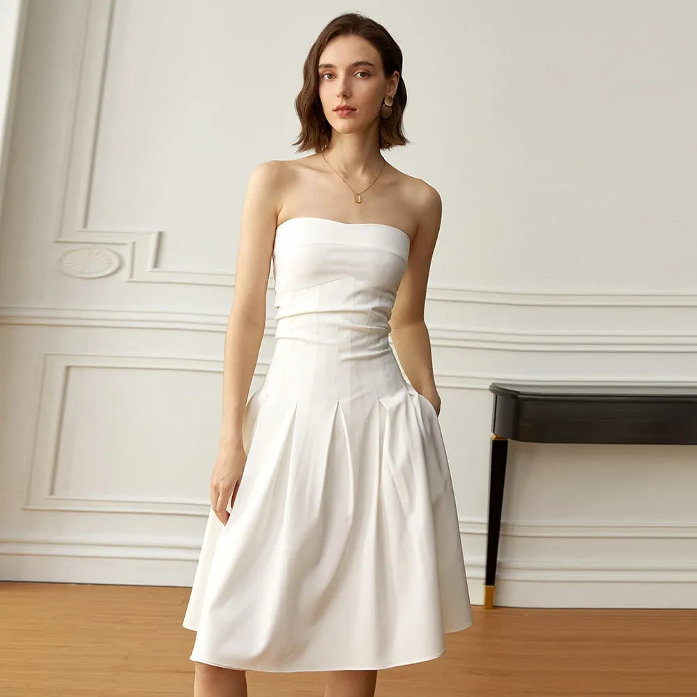 Patchwork Folds Dresses For Women Strapless Sleeveless High Waist Solid Slimming Minimalist A Line Dress Female
