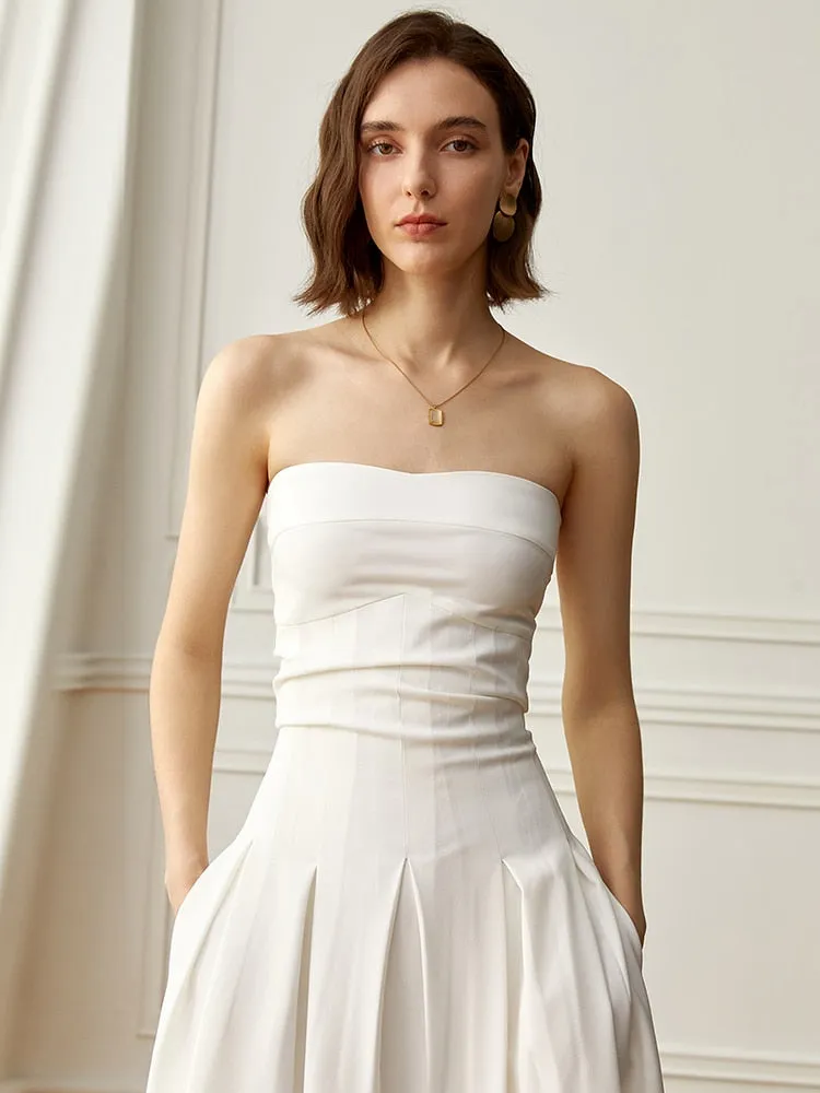 Patchwork Folds Dresses For Women Strapless Sleeveless High Waist Solid Slimming Minimalist A Line Dress Female