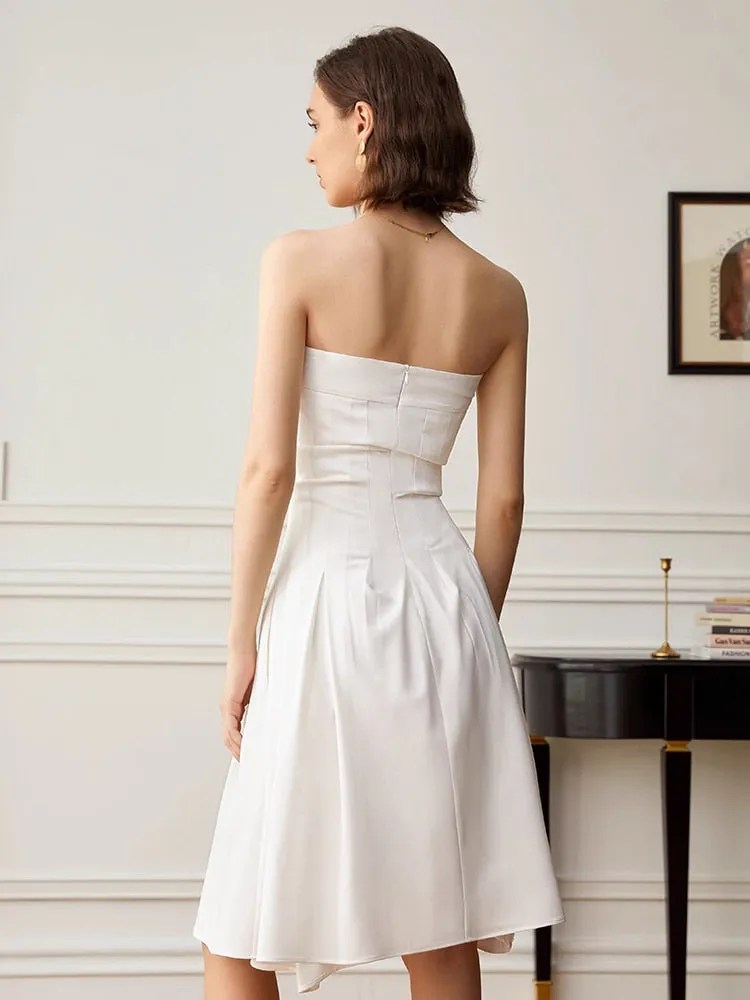 Patchwork Folds Dresses For Women Strapless Sleeveless High Waist Solid Slimming Minimalist A Line Dress Female