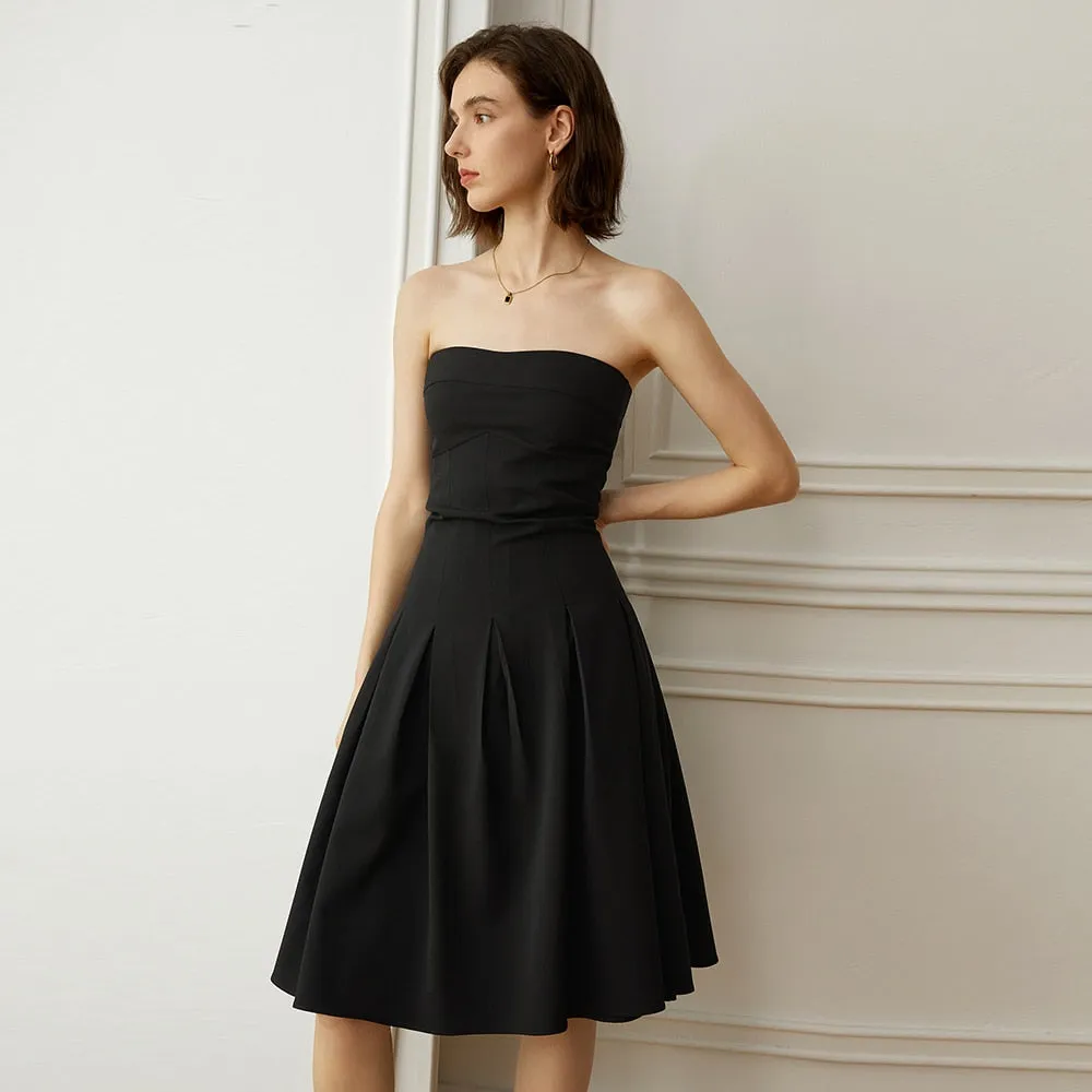 Patchwork Folds Dresses For Women Strapless Sleeveless High Waist Solid Slimming Minimalist A Line Dress Female