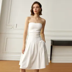 Patchwork Folds Dresses For Women Strapless Sleeveless High Waist Solid Slimming Minimalist A Line Dress Female