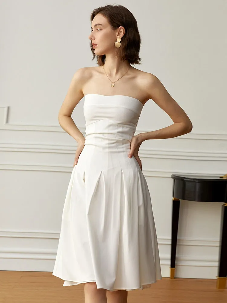 Patchwork Folds Dresses For Women Strapless Sleeveless High Waist Solid Slimming Minimalist A Line Dress Female