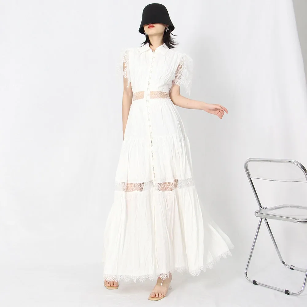 Patchwork Lace Dress For Women Lapel Short Sleeve High Waist Solid Minimalist Midi Dresses Female Summer Clothing