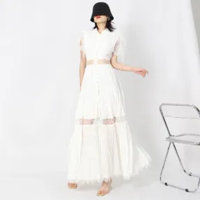 Patchwork Lace Dress For Women Lapel Short Sleeve High Waist Solid Minimalist Midi Dresses Female Summer Clothing