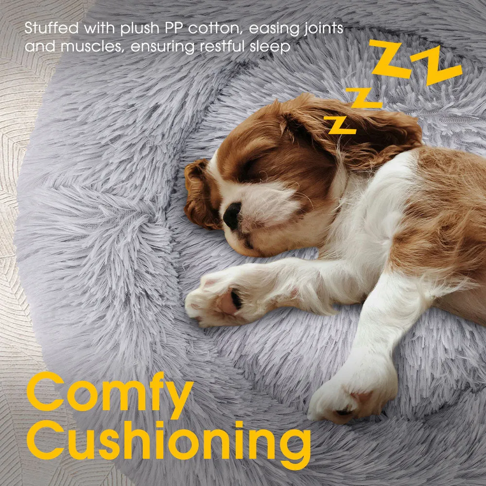 Petzly Dog Cat Calming Bed Warm Soft Plush Round Waterproof 120CM Bed Light Grey