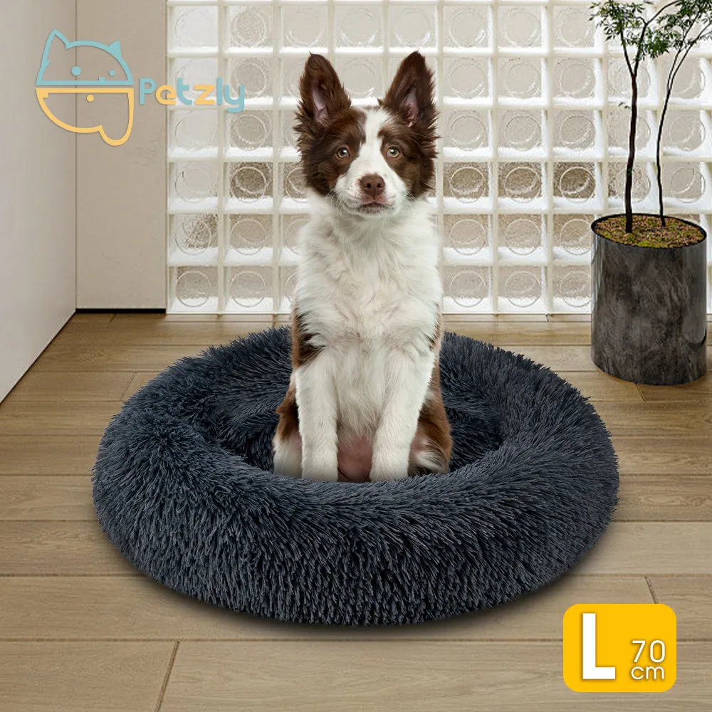 Petzly Dog Cat Calming Bed Warm Soft Plush Round Waterproof 70CM Bed Light Dark Blue