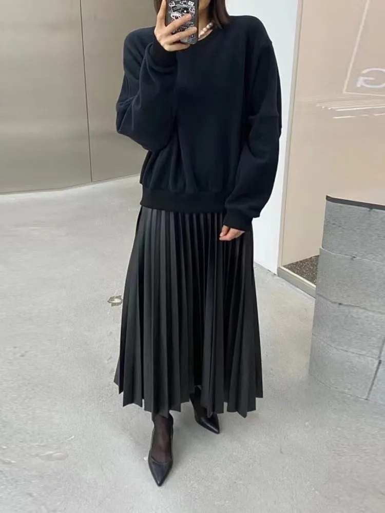 Pleated Minimalist Dresses For Women Round Neck Long Sleeve High Waist Pullover Dress Female Fashion Clothing