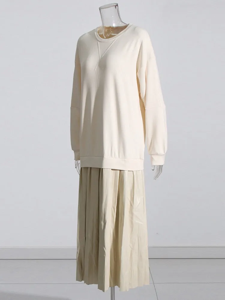 Pleated Minimalist Dresses For Women Round Neck Long Sleeve High Waist Pullover Dress Female Fashion Clothing