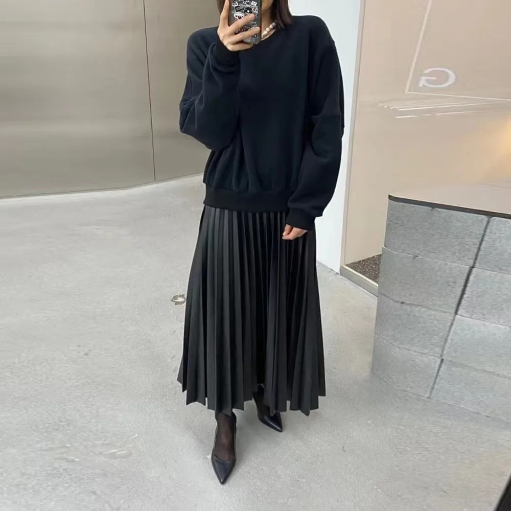 Pleated Minimalist Dresses For Women Round Neck Long Sleeve High Waist Pullover Dress Female Fashion Clothing