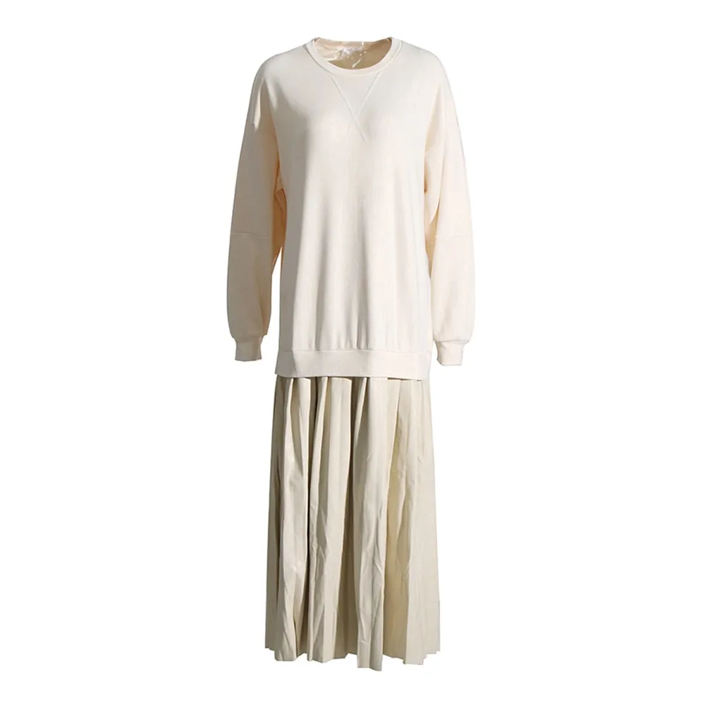 Pleated Minimalist Dresses For Women Round Neck Long Sleeve High Waist Pullover Dress Female Fashion Clothing