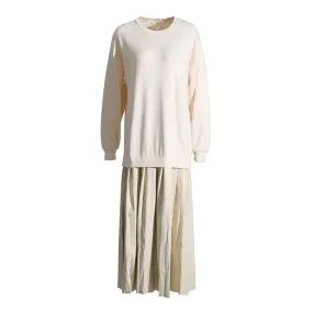 Pleated Minimalist Dresses For Women Round Neck Long Sleeve High Waist Pullover Dress Female Fashion Clothing