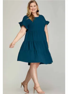 Plus Ruffled Sleeve Tiered Dress in Teal by She   Sky