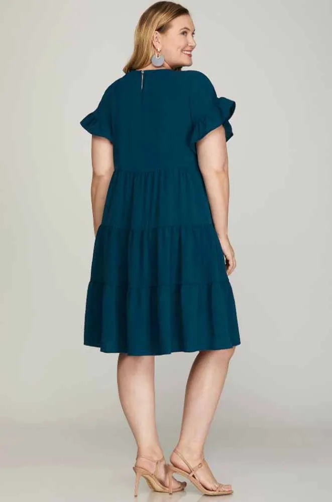 Plus Ruffled Sleeve Tiered Dress in Teal by She   Sky