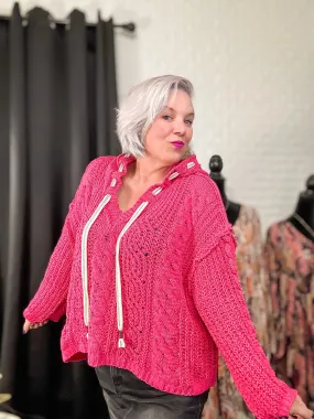 POL Fuchsia Cable Knit Hooded Chenille Oversized Sweater