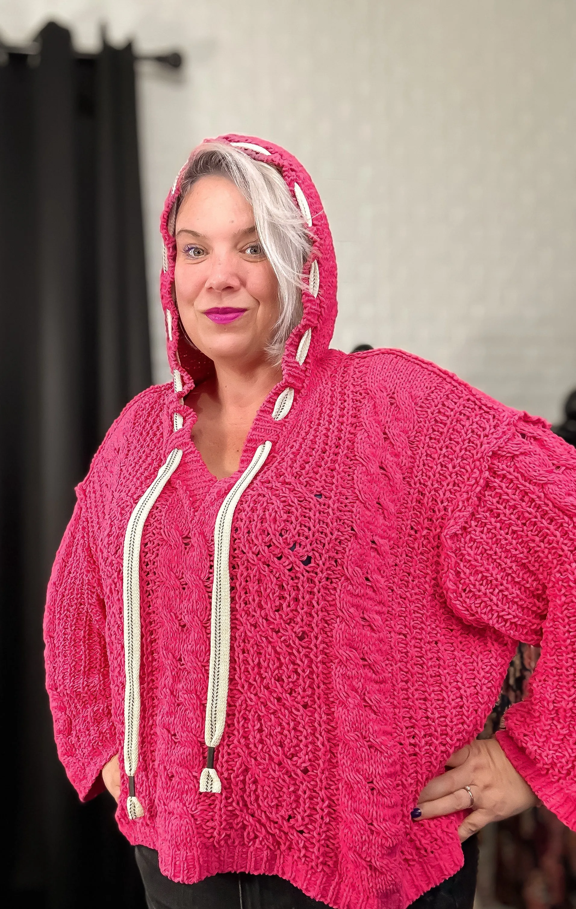POL Fuchsia Cable Knit Hooded Chenille Oversized Sweater