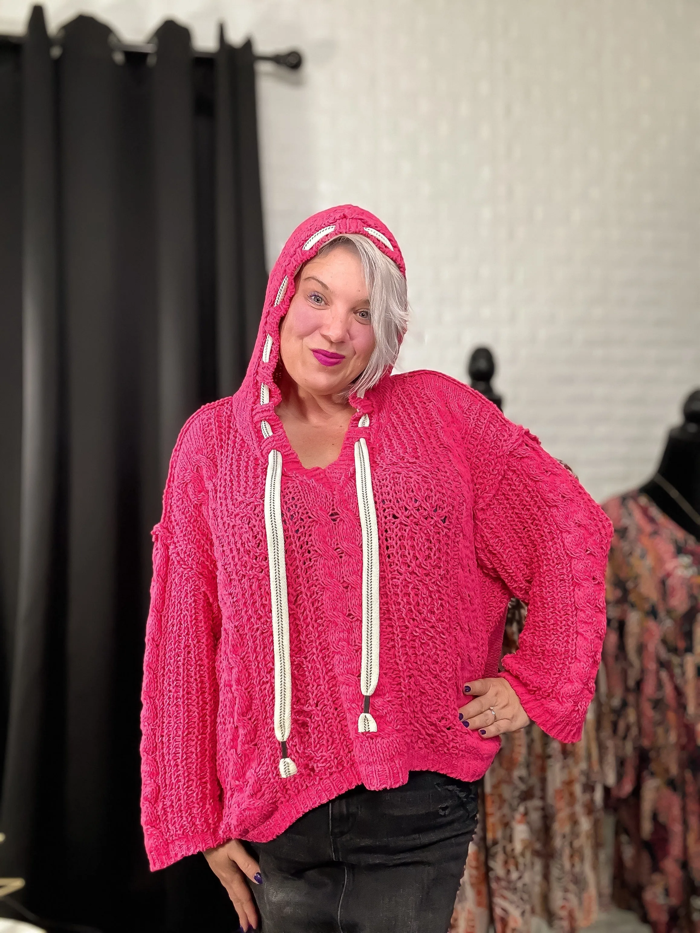 POL Fuchsia Cable Knit Hooded Chenille Oversized Sweater