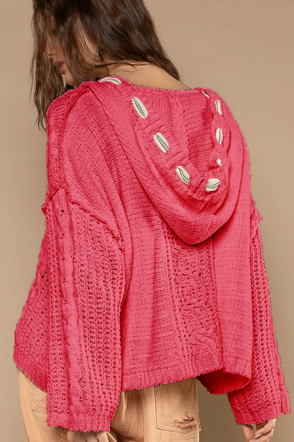 POL Fuchsia Cable Knit Hooded Chenille Oversized Sweater